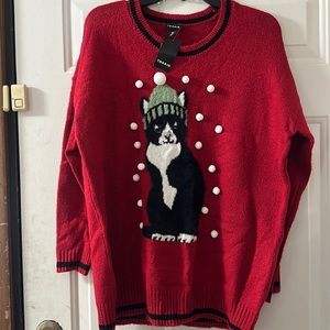 TORRID POM POM CAT HOLIDAY SWEATER:RED/BLACK: NEW WITH TAGS: DEFECT: SZ 00 (M/L)